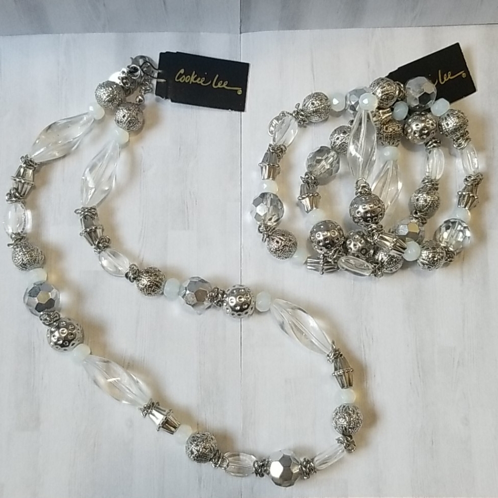 Cookie Lee faceted glass bead silver necklace and 3 bracelet set NWT